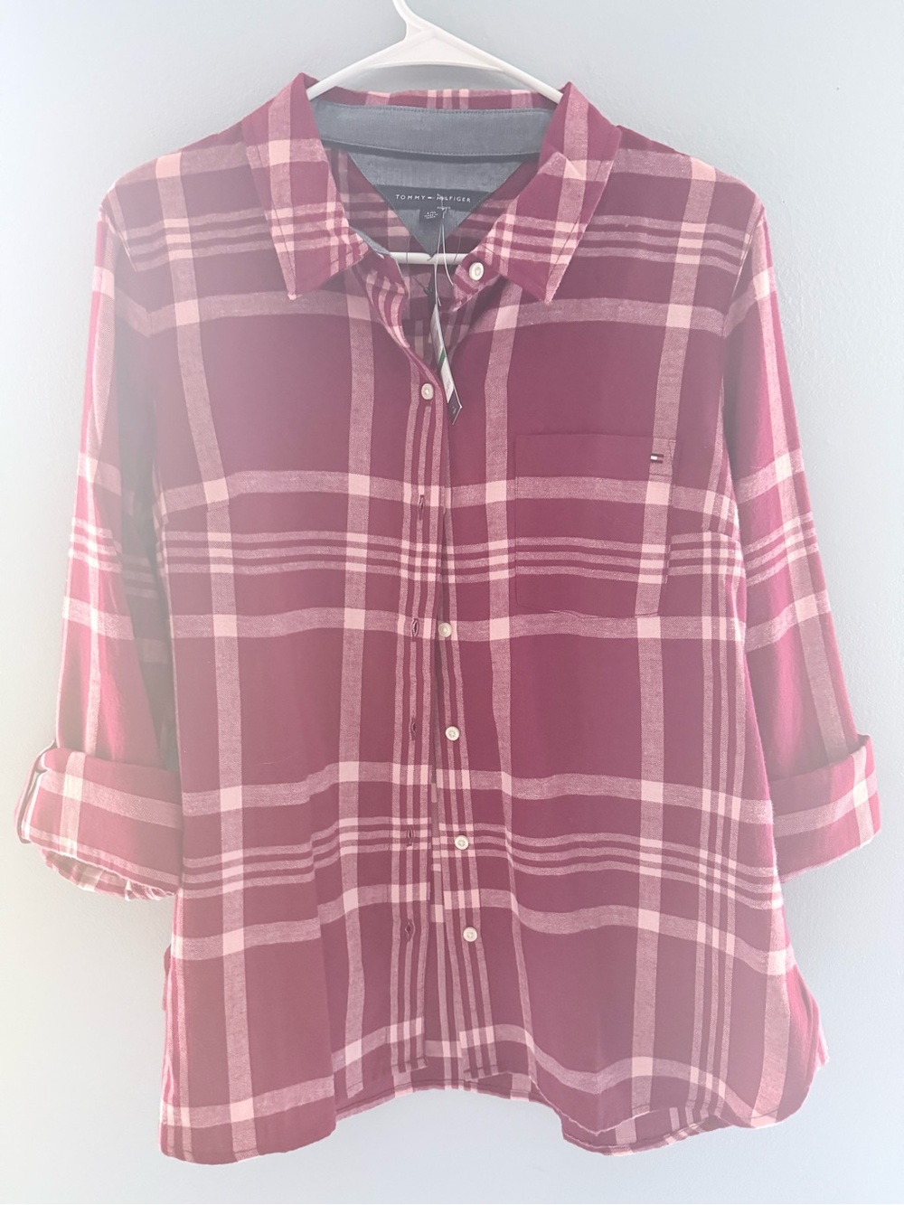 Tommy Hilfiger Plaid Button Down Shirt Women’s Large NWT Burgundy Pink